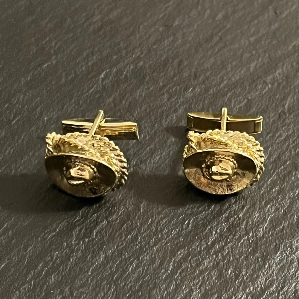 Vintage Gold Tone Cowboy Hat Rope Western Theme Cufflinks